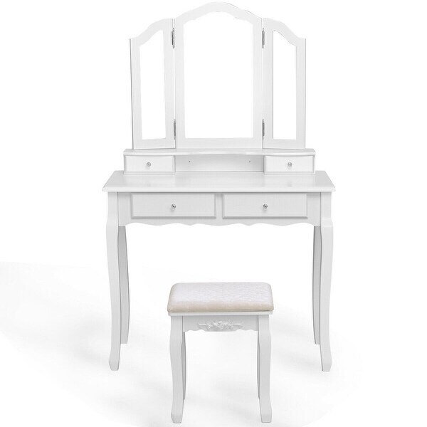 Tri Folding Mirror Vanity Table Stool Set with 4 Drawers and Cushioned Stool