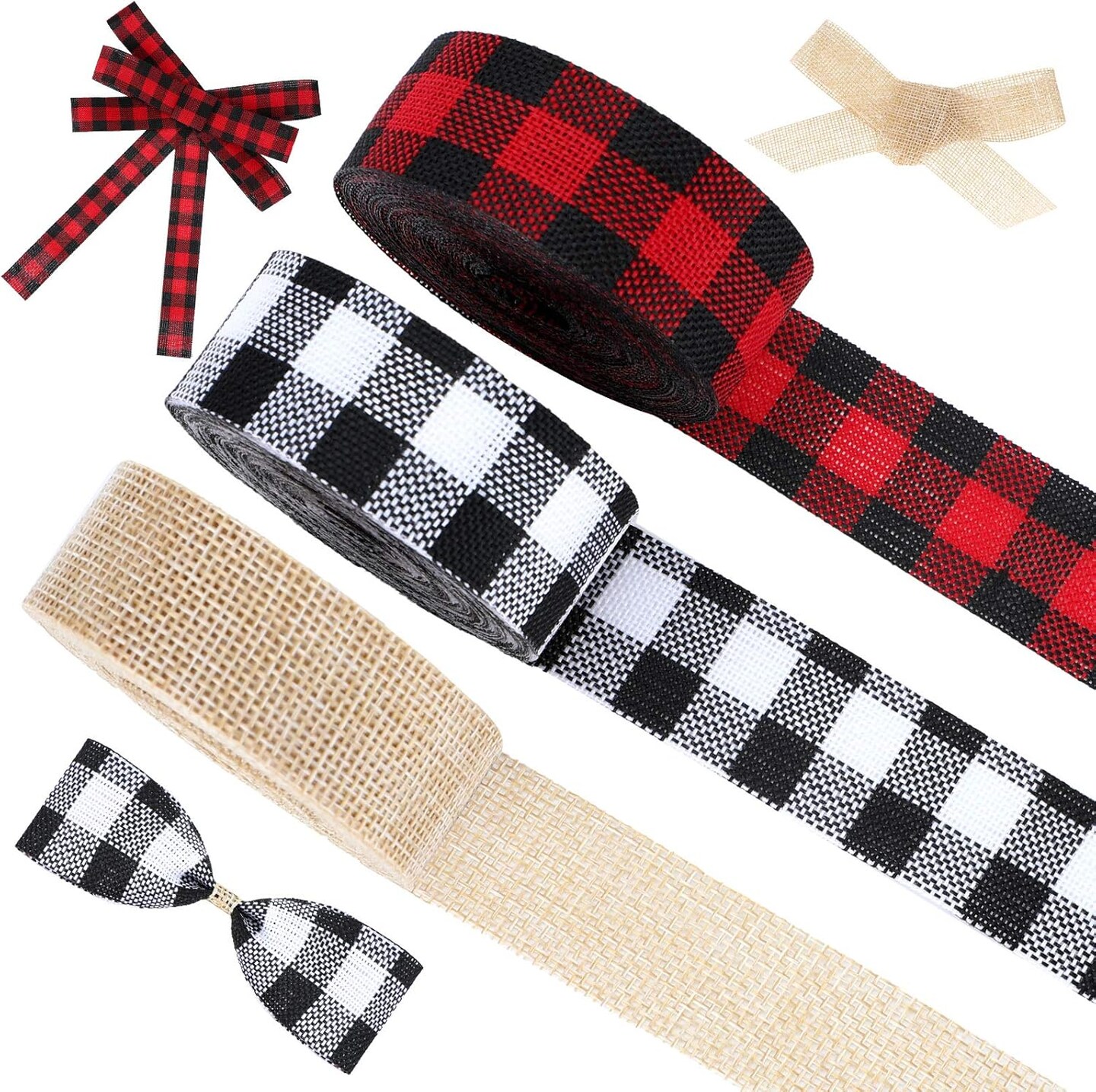 3 Rolls Christmas Plaid Ribbon Buffalo Plaid Burlap Ribbons Christmas Wrapping Decoration Ribbon for Christmas Fall Wrapping DIY Crafts Decor Supplies, 24 Yards in Total (1 Inch)