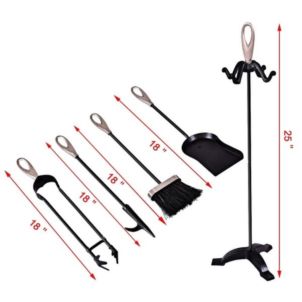 5 Piece Stylish Silver Iron Fireplace Tools Set