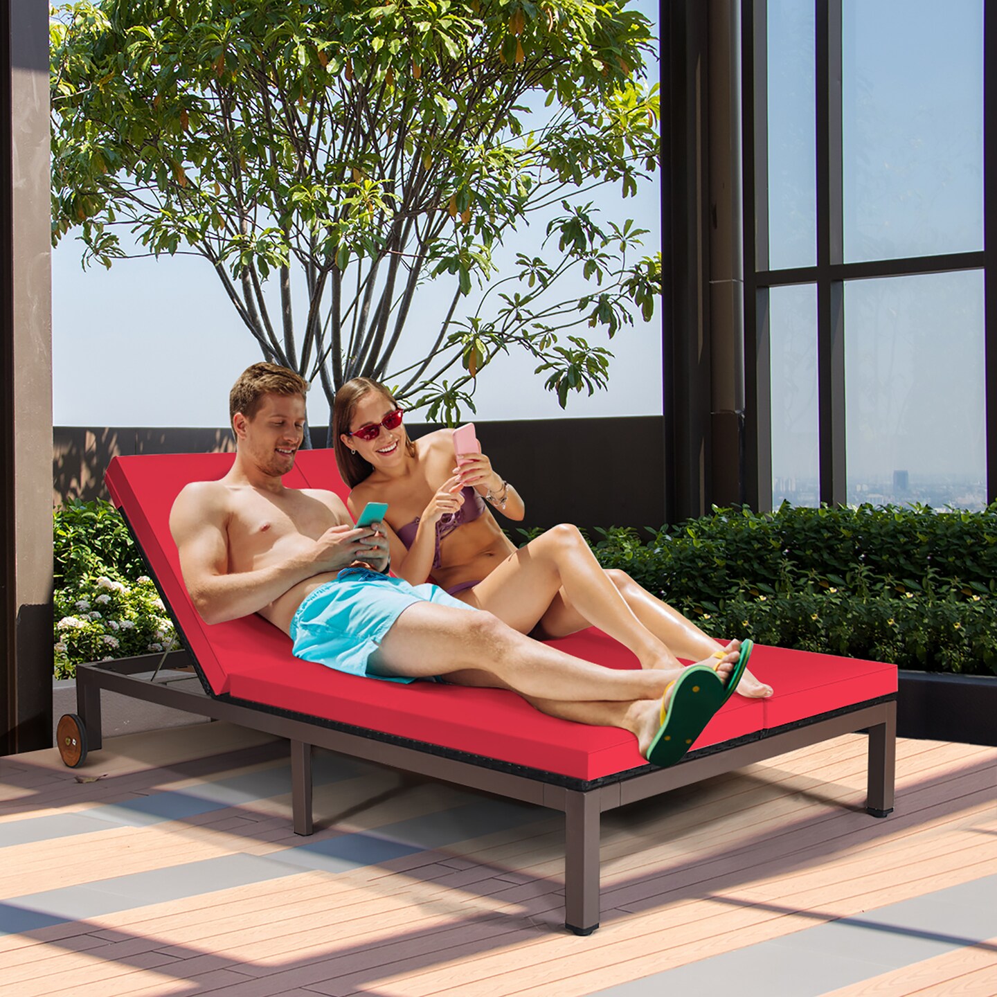 Costway 2-Person Patio Rattan Lounge chair Chaise Recliner Adjustable Cushioned Red