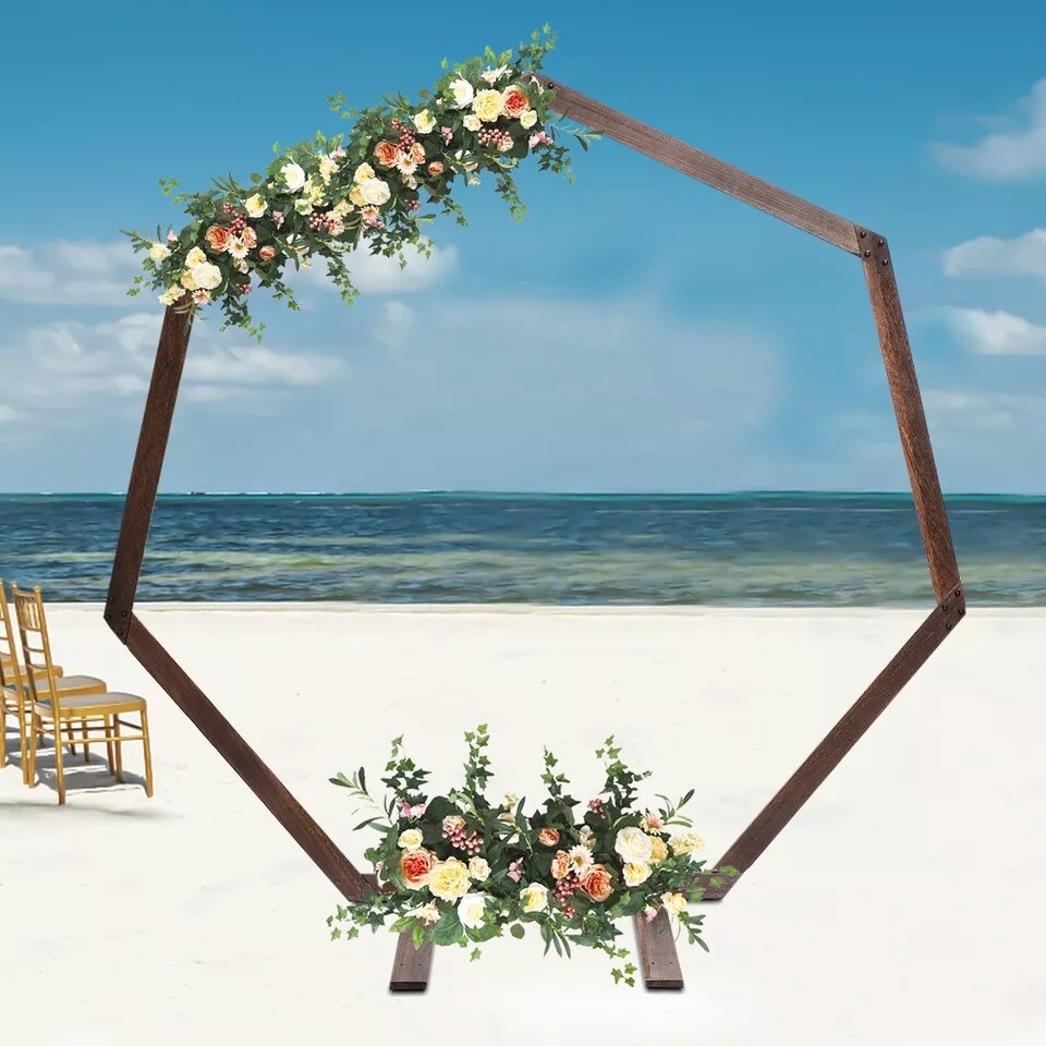 7.2FT Retro Wedding Arch Wooden Heptagon Wedding Backdrop Stand Wooden Arch