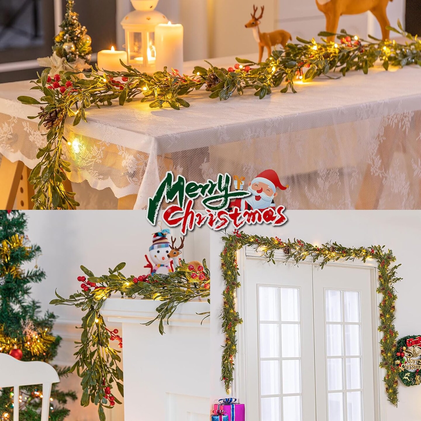6.6FT Lighted Christmas Garland Prelit with 20 Led Lights, Flocked Garland Decorated with Pine Cones, Red Berry, Battery Operated with Timer for Mantle Stairs, Indoor Outdoor Decorations