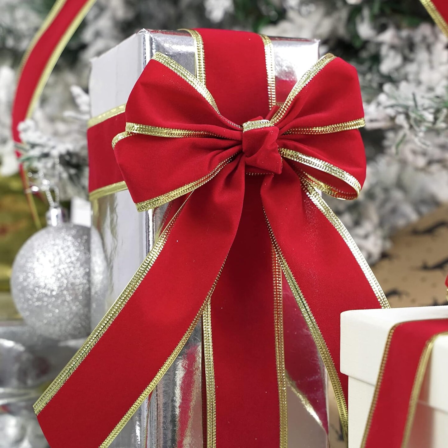 Red Velvet Ribbon 1.5 Inch Red Christmas Ribbon Wired Velvet Wired Ribbon with Gold Trim Red and Gold Ribbon for Christmas Tree Decorations Topper Bows Holiday Gift Wrap - 25 Yards