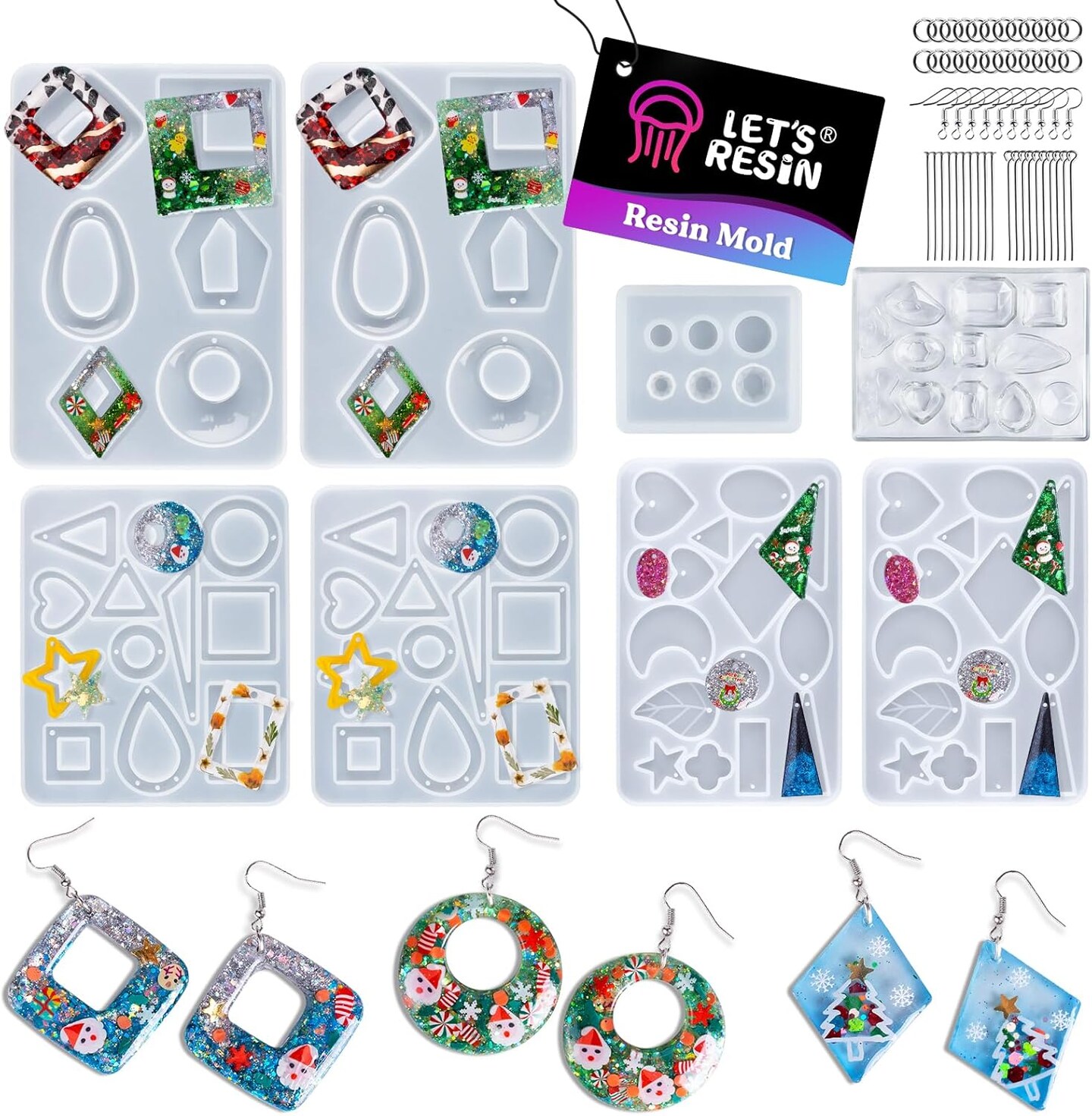 LET&#x27;S RESIN 198PCS Resin Jewelry Molds, with 8 Pairs Earring Resin Molds, Resin Earring Molds Silicone for Jewelry, Earring Hooks, Jump Rings, Head/Eye Pins for Resin Jewelry, Pendant
