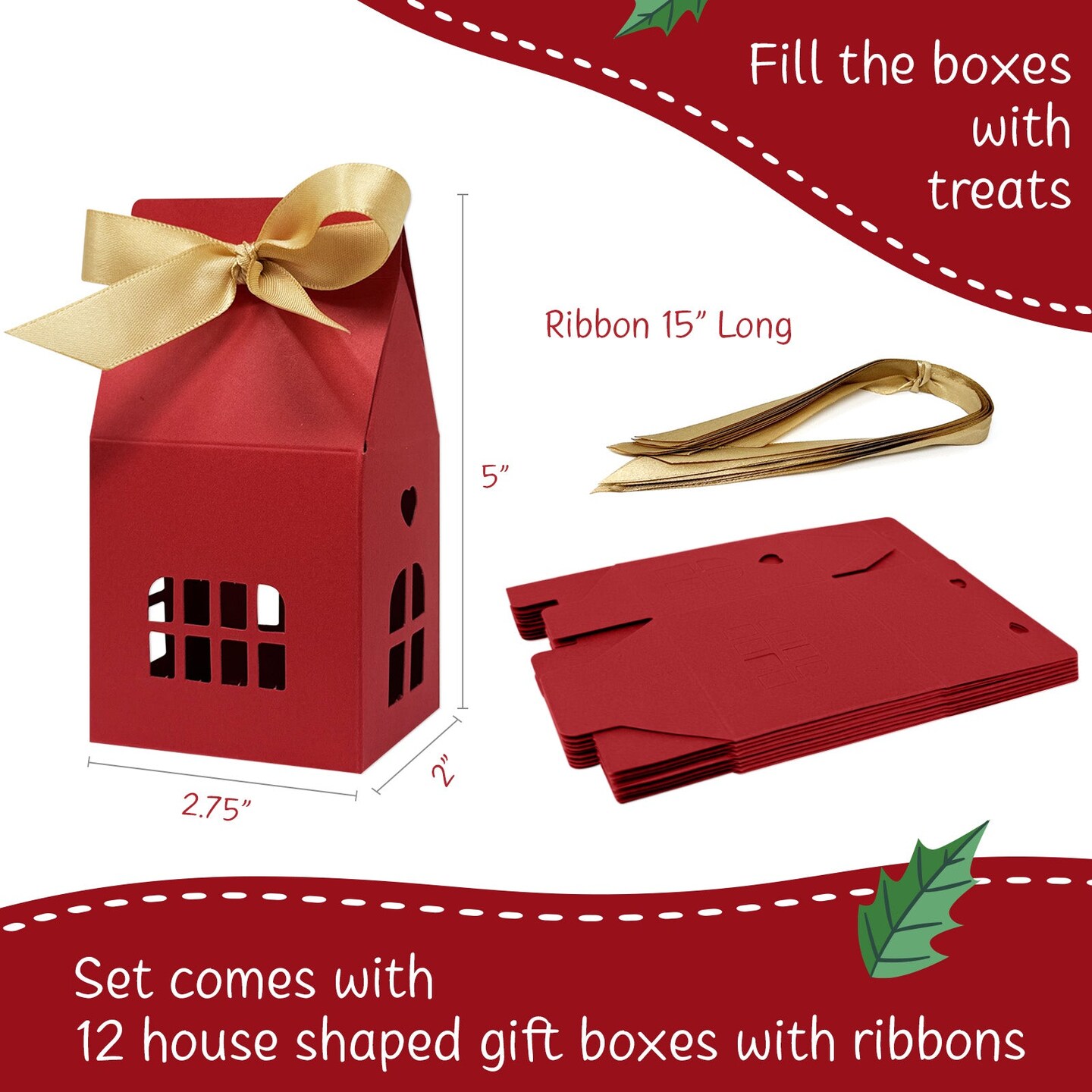 Wrapables House Shaped Gift Boxes with Ribbons for Weddings, Housewarming, Cookies, Candies, Treats, Party Favors (Set of 12), Red