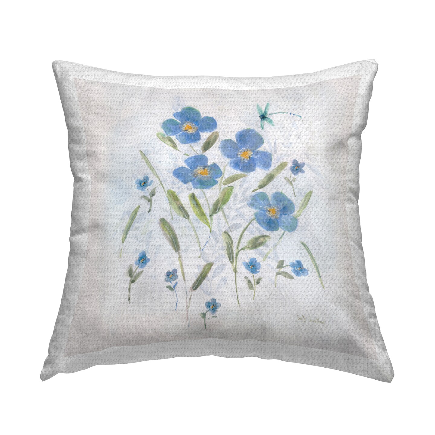 Dragonfly & Blue Florals Outdoor Printed Pillow Design by Sally Swatland, 18 x 7 x 18