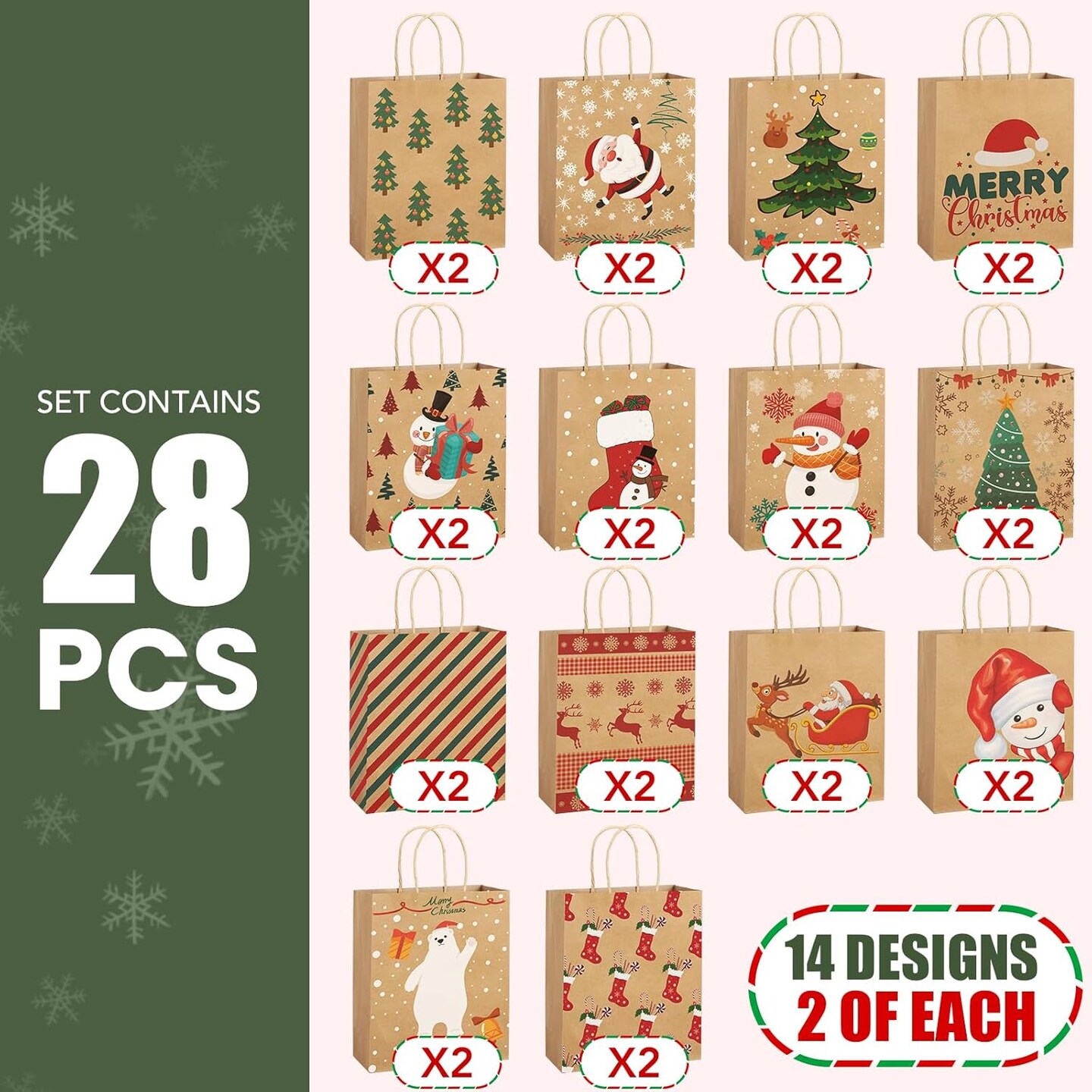 28 Pack Christmas Kraft Gift Bags with Handles, 9x7.5x3.5 Christmas Gift Bags, Christmas Goody Bags for Christmas Holidays Party Favors and Presents