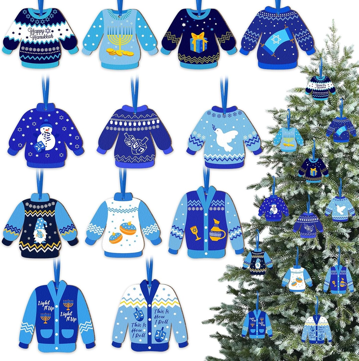 Hanukkah Wooden Ornaments Ugly Sweater Decor Jewish Menorah Dreidel Stars of David Chanukah Hanging Decoration Winter Sweater Pendant for Christmas Tree Decor Party Favors 12pcs