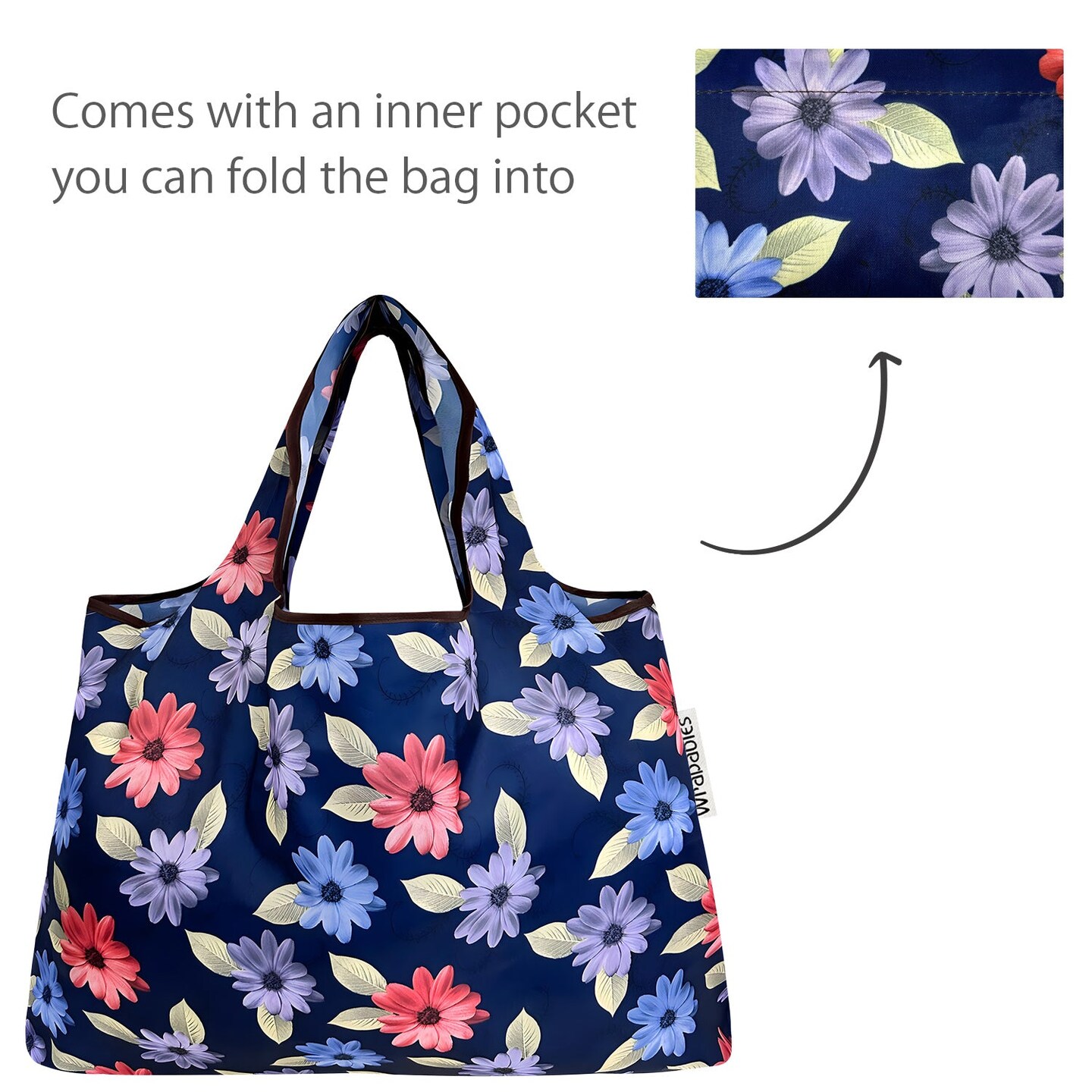 Wrapables Large Foldable Tote Nylon Reusable Grocery Bags, Colorful Daisies