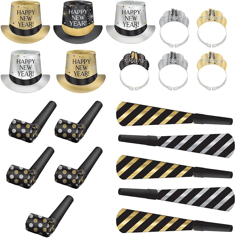 Party City New Year&#x2019;s Eve 2025 Wearables and Noisemakers for 10 Guests, Party Supplies, Black, Gold and Silver, 20 Piece