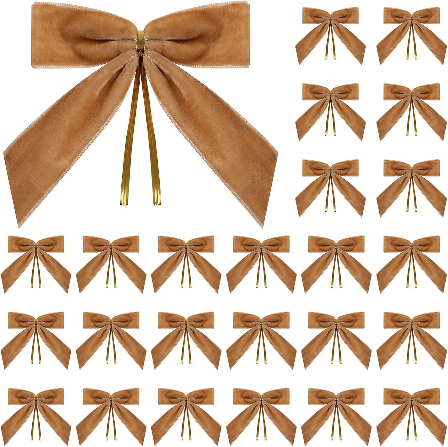 24 Pcs Camel Small Velvet Christmas Bows for Christmas Tree, Wreath, Gift Wrapping, Crafts, Wedding, Party, Twist Tie Bows for Treat Bag Bakery Candy Bags, Home Decor 1&#x22; W,3.5 x 3.5 inch