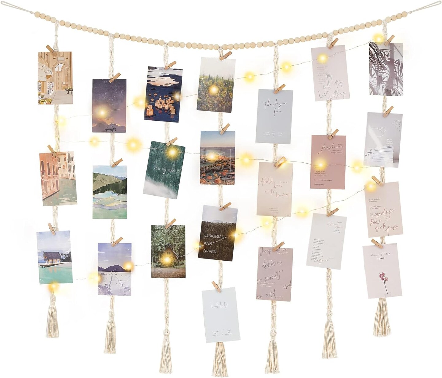 Macrame Hanging Photo Display Wall Decor with String Lights, Boho Wooden Beads Garland Collage Picture Card Frame Holder with 45 Clips for Bedroom Living Room Dorm, Teen Girls Christmas Gifts