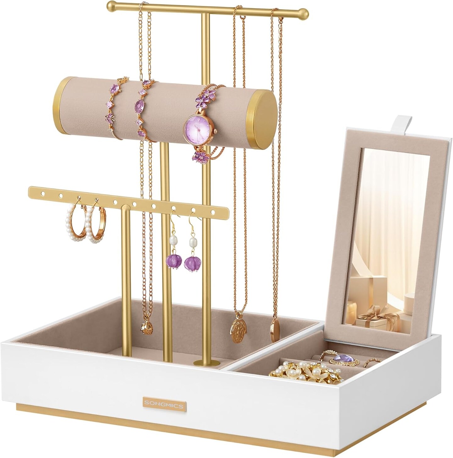 Jewelry Holder, Jewelry Organizer, Jewelry Display Stand, Metal Earring Organizer with Mirror, with Necklace Earring Bracelet Holder, for Rings, Christmas Gift, White and Gold UJJS022W01V1