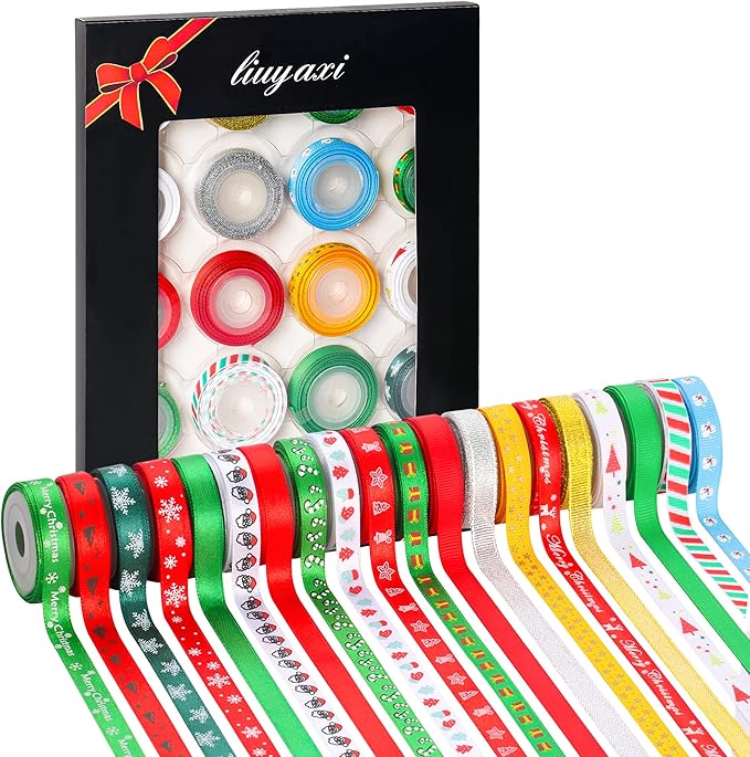 3/8 Inch Wide Printed Grosgrain Ribbon Metallic Glitter Holiday Festival Christmas Satin Ribbons for Gift Wrapping Crafts Xmas Decorations