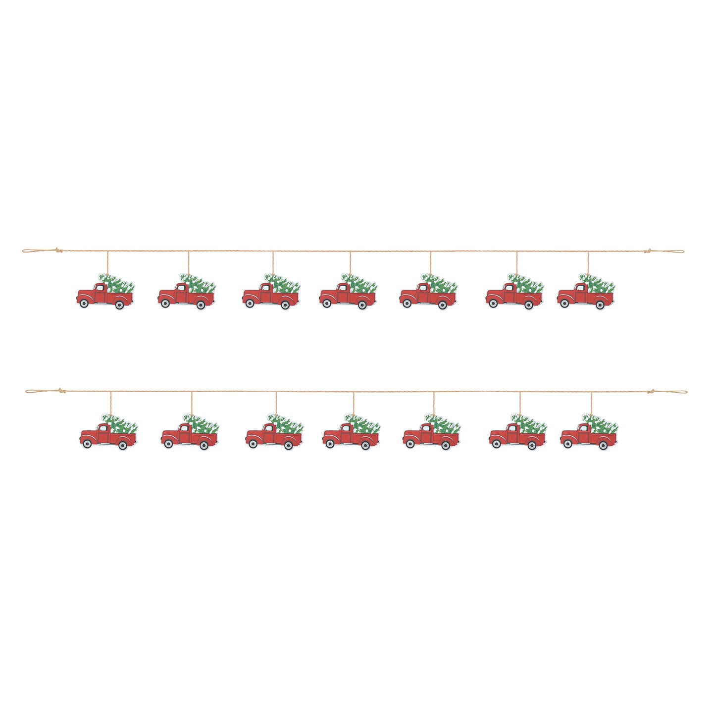 Set of 2 6''L Metal Jute Strand Adorned Garlands With 8 Red Trucks