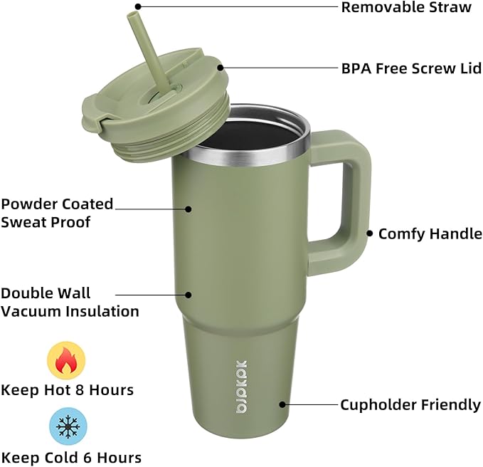 30 oz Stainless Steel Tumbler With Handle Insulated Tumblers With 2 Straw Travel Coffee Mug With Lid,Sage