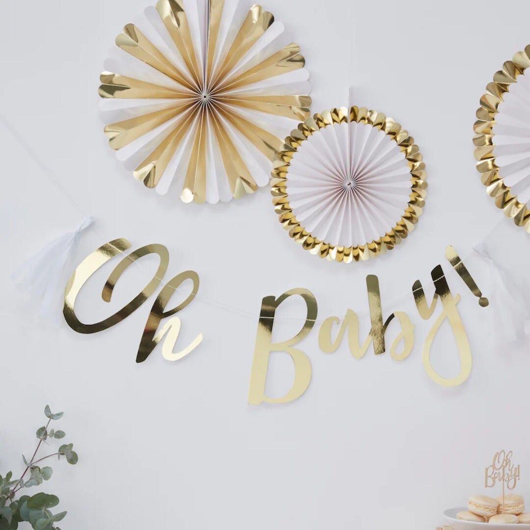 Oh Baby Gold Script Garland Banner – Elegant Baby Shower Party Decoration, 6.5x6.5in, Gender Reveal Décor