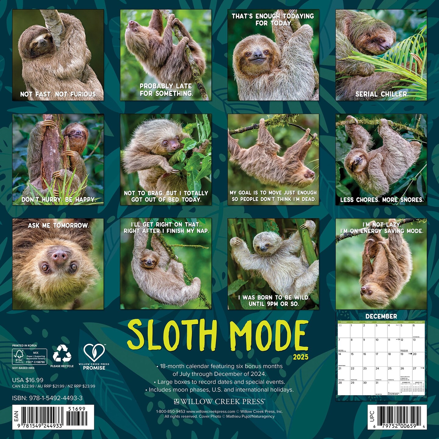 Sloth Mode 2025 Wall Calendar