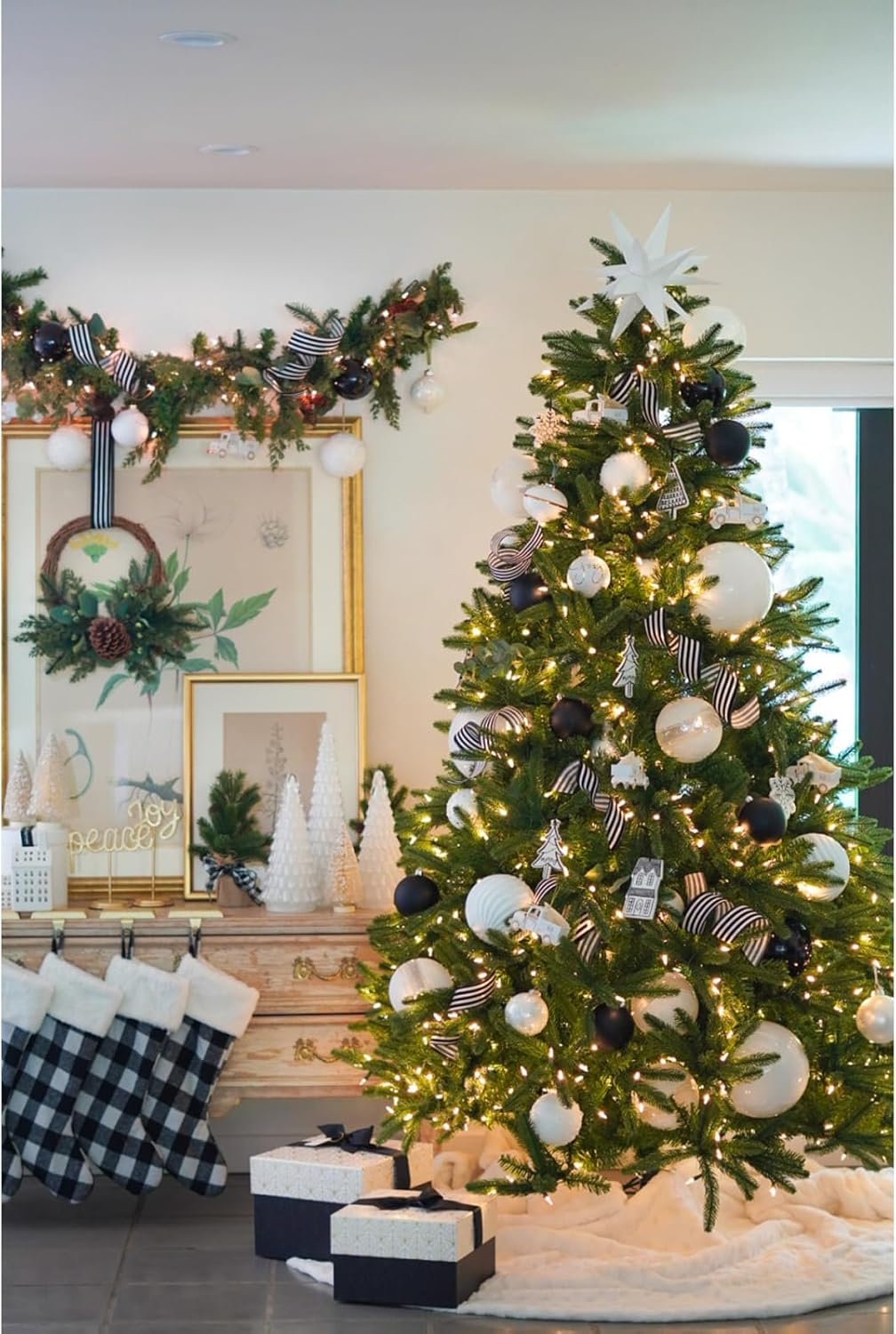 Christmas Ribbon for Tree, Black and White Ribbons Wired Vertical Stripes Fabric Ribbon Gift Wrapping DIY Craft Wreath Garland Making Xmas Tree Party Halloween Christmas Decoration, 10 Yards x 2.5inch