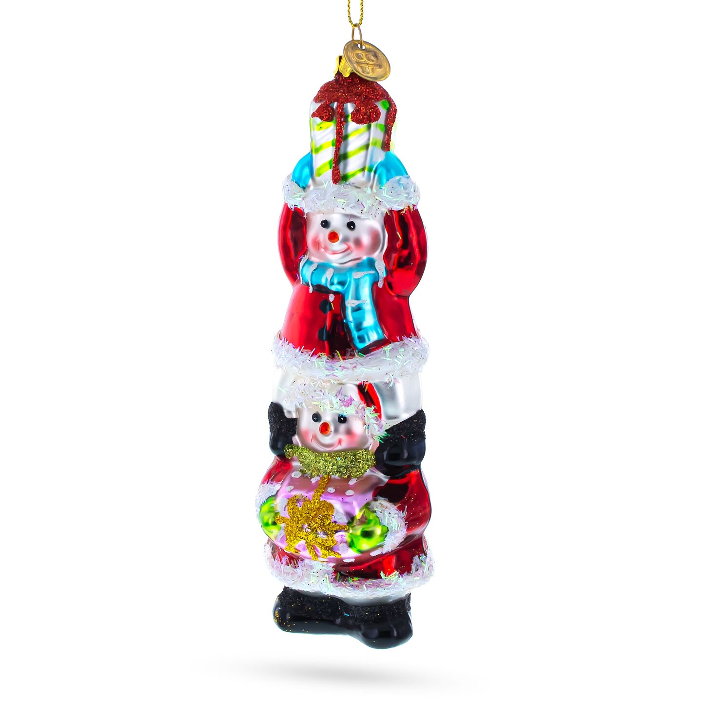 Snowmen Friends Sharing Gifts Blown Glass Christmas Ornament