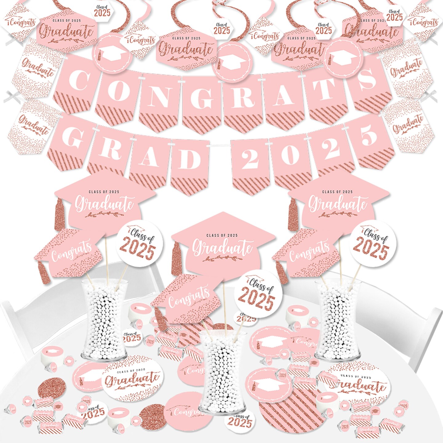Big Dot of Happiness Rose Gold Grad - 2025 Graduation Party Supplies - Banner Decoration Kit - Fundle Bundle