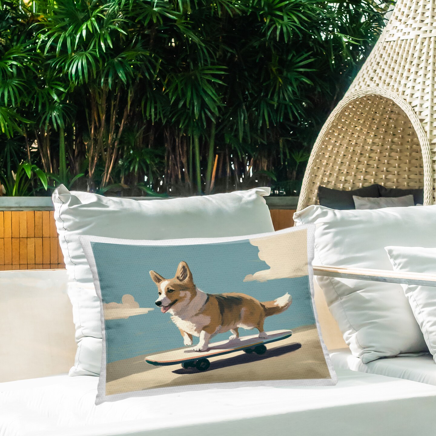 Skateboarding Corgi Dog Outdoor Printed Pillow Design by Svetlana Aleynikova, 14 x 7 x 20