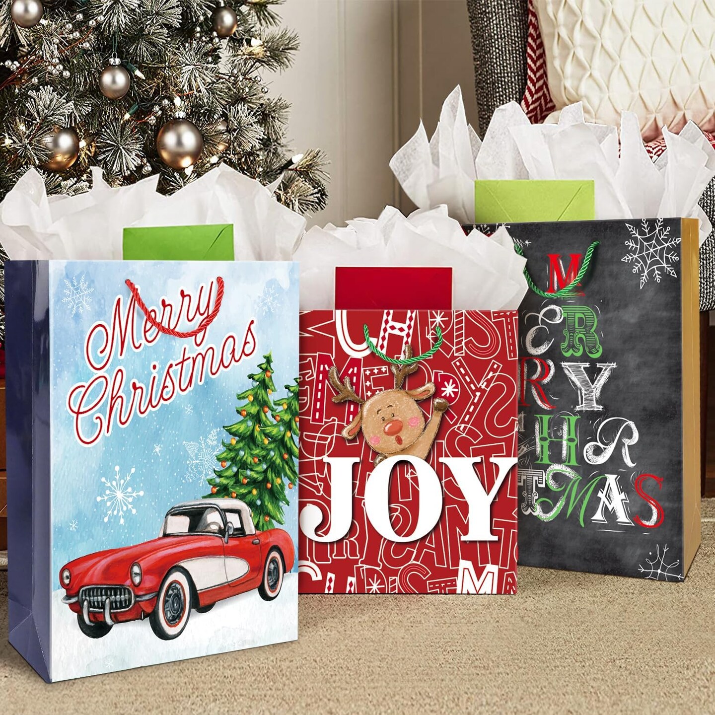 24 Christmas Gift Paper Bags Bulk with handles and 60 Count Christmas Gift Tags-Assorted sizes set for Wrapping Xmas Holiday Presents(6 Jumbo,6 Large,6 Medium,4 Small,2 Wine)