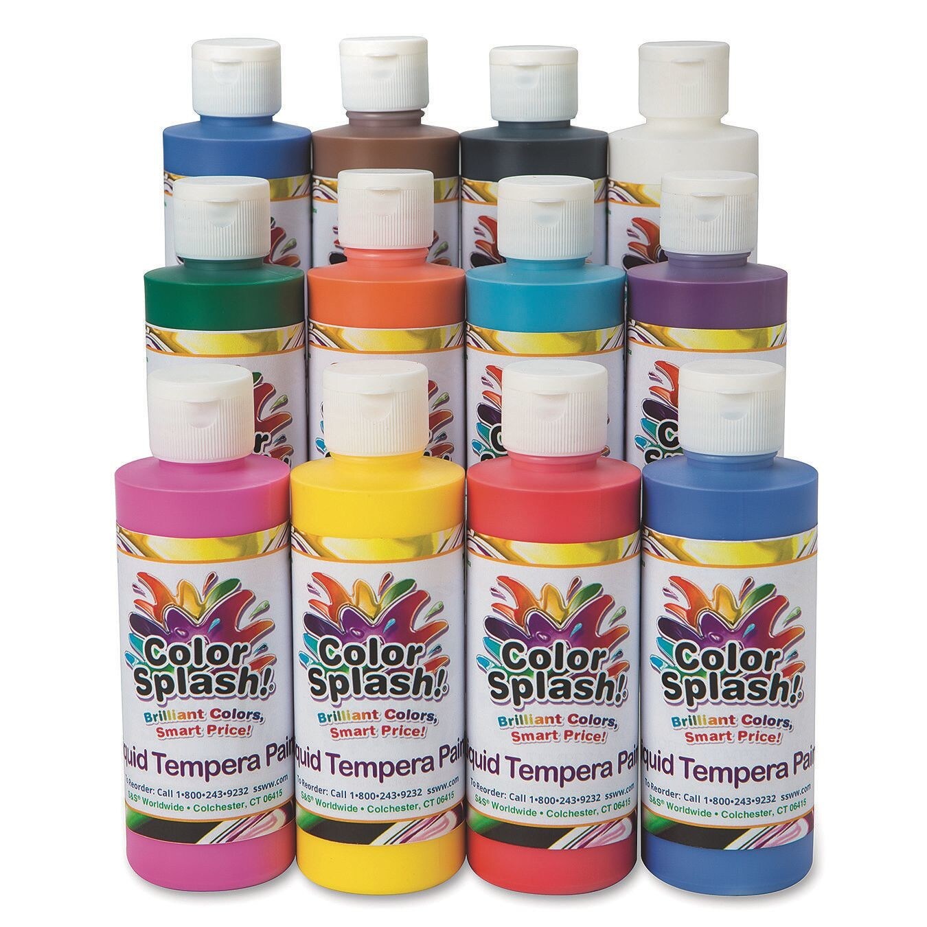 S&#x26;S Worldwide Color Splash! Liquid Tempera Bulk Paint, Set of 12 in 11 Bright Colors, 8-oz Flip-Top Bottles, Great for Arts &#x26; Crafts, School, Classroom, Poster Paint, For Kids &#x26; Adults, Non-Toxic.