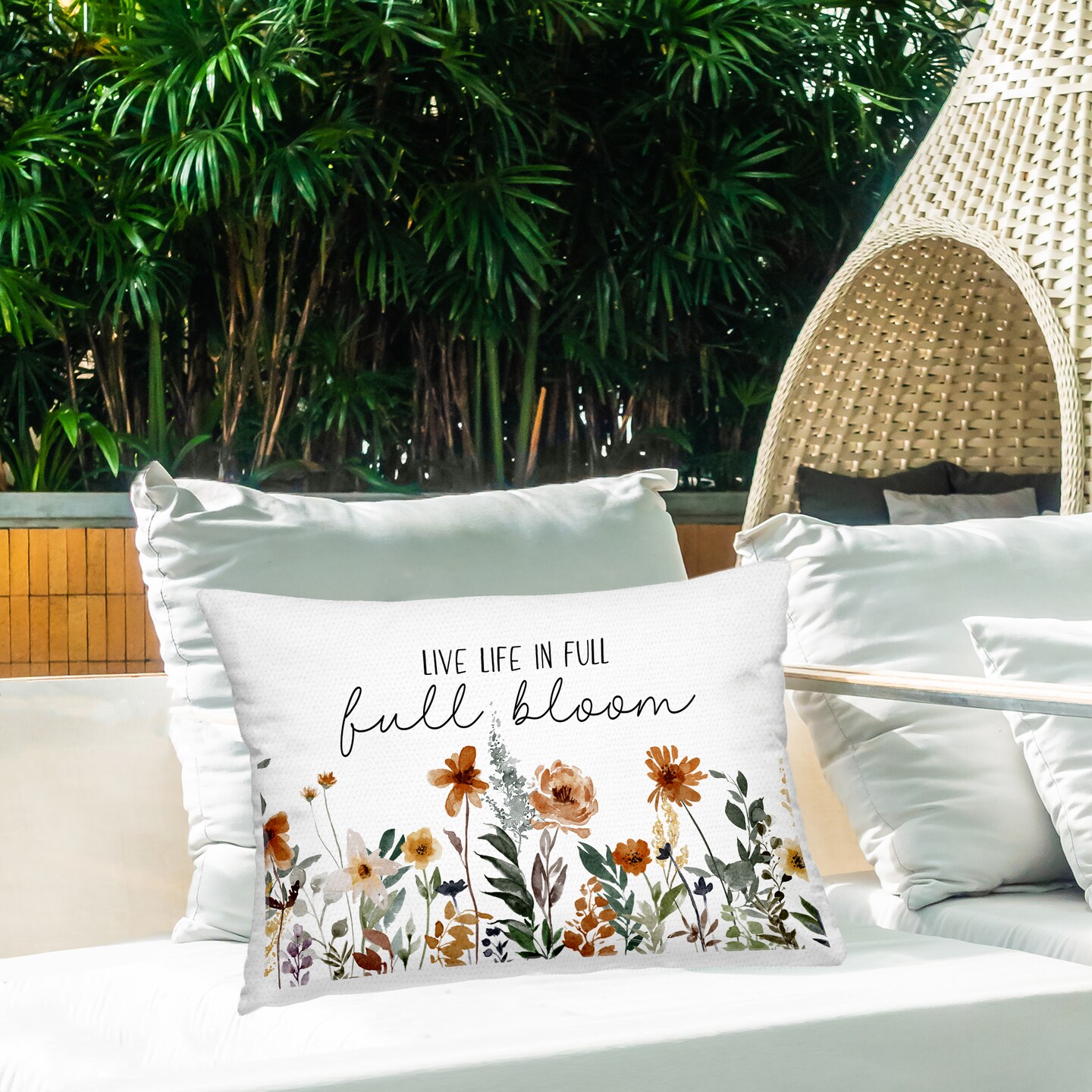Full Bloom Sentiment Outdoor Printed Pillow Design by JJ Design House LLC, 14 x 7 x 20