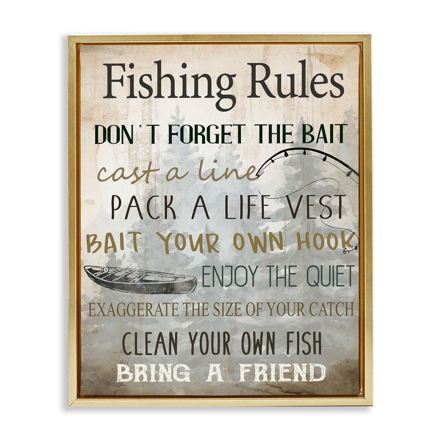 Stupell Industries Fishing Rules List Framed Floater Canvas Wall Art Design by Kim Allen