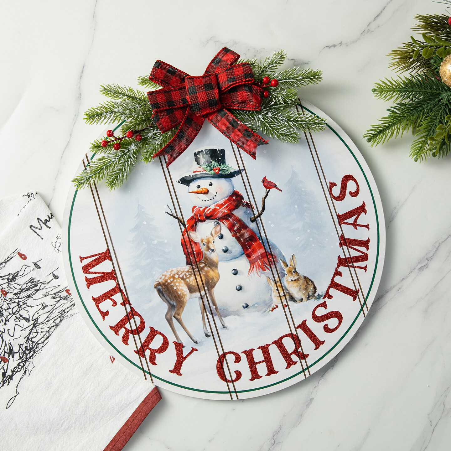 15&#x22;D Wooden Christmas Round Word Sign Door Hanger
