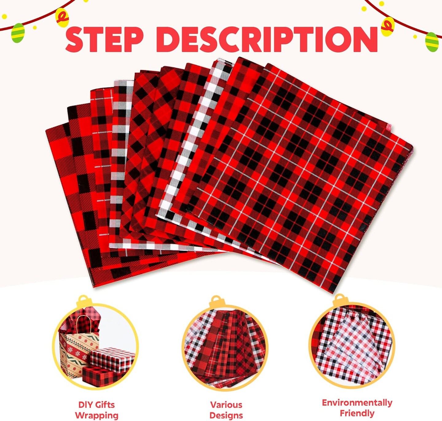 150 Sheets Christmas Red Black Buffalo Plaid Tissue Paper Assorted Design, Present Wrap Paper, Accessory for Gift Boxes, Gift Wrapping Bags and Wine Bottles Decoration