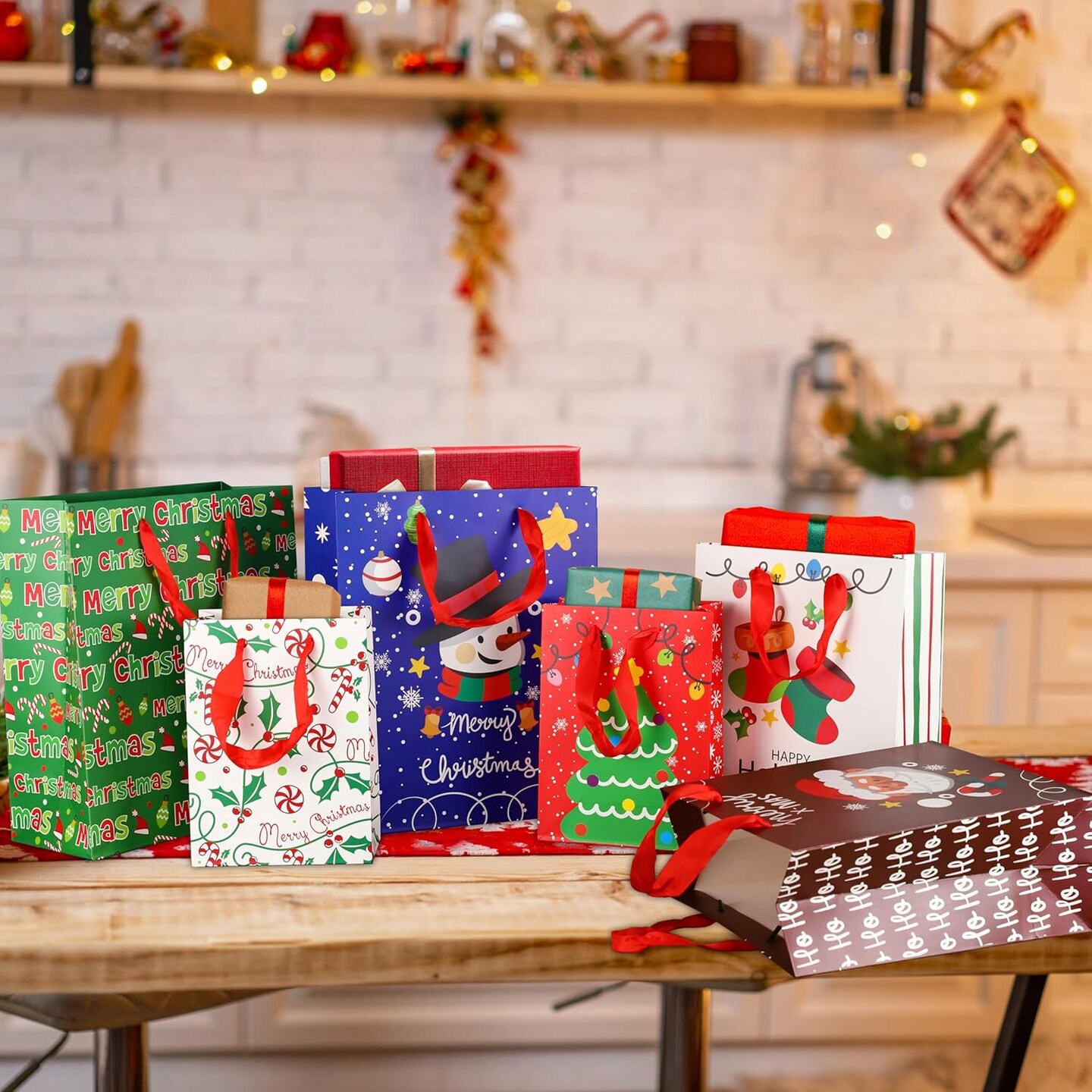 12 Pack Christmas Paper Gift Bags Assorted Sizes with Tissue Paper, Christmas Treat Gift Bags Bulk with Handles, Christmas Goodie Bags for Kids Gifts, Xmas Gift Bags Party Favors