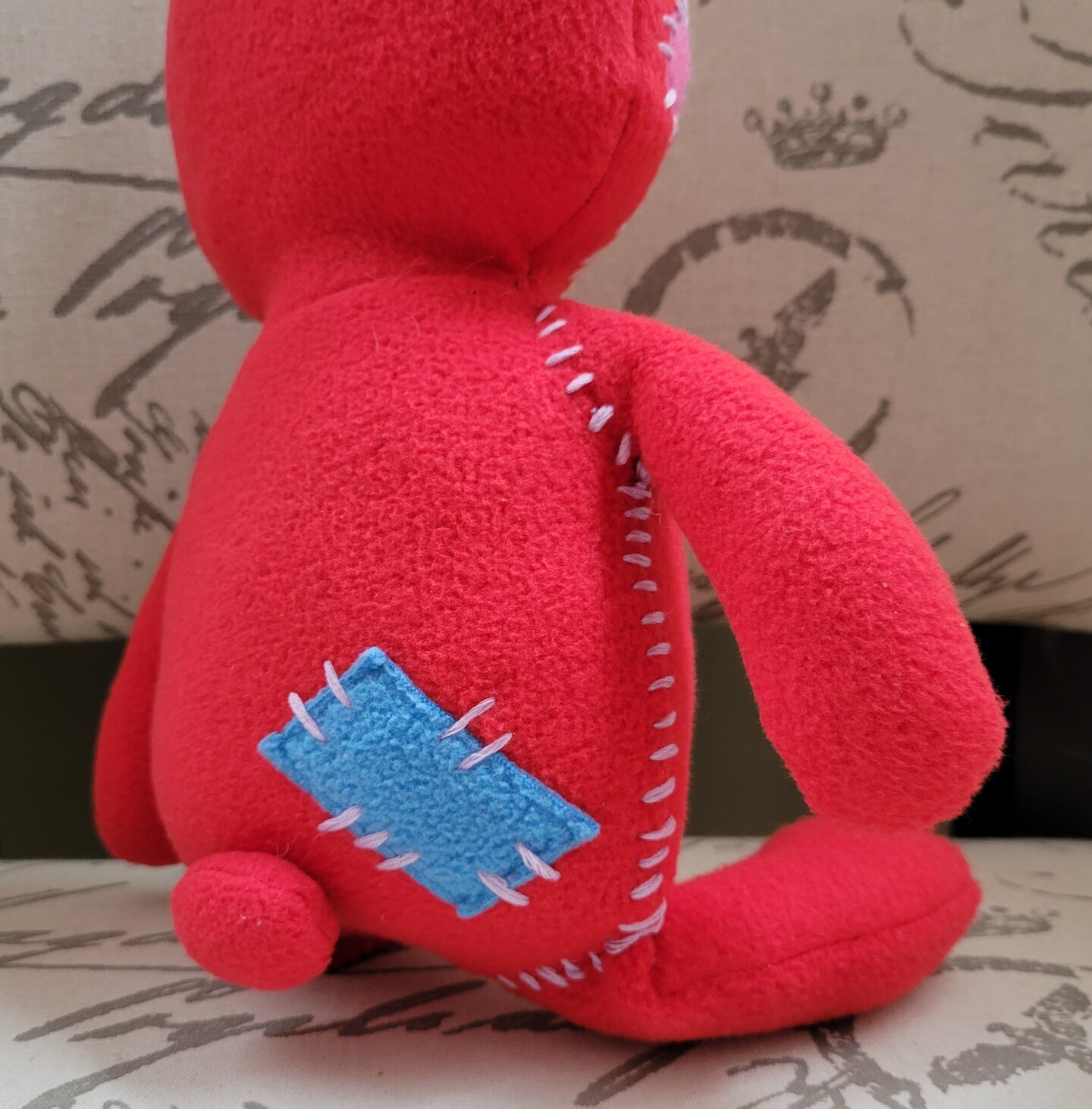 Melon Red Stuffed Animal Plush with Patches and Stitches, Handmade