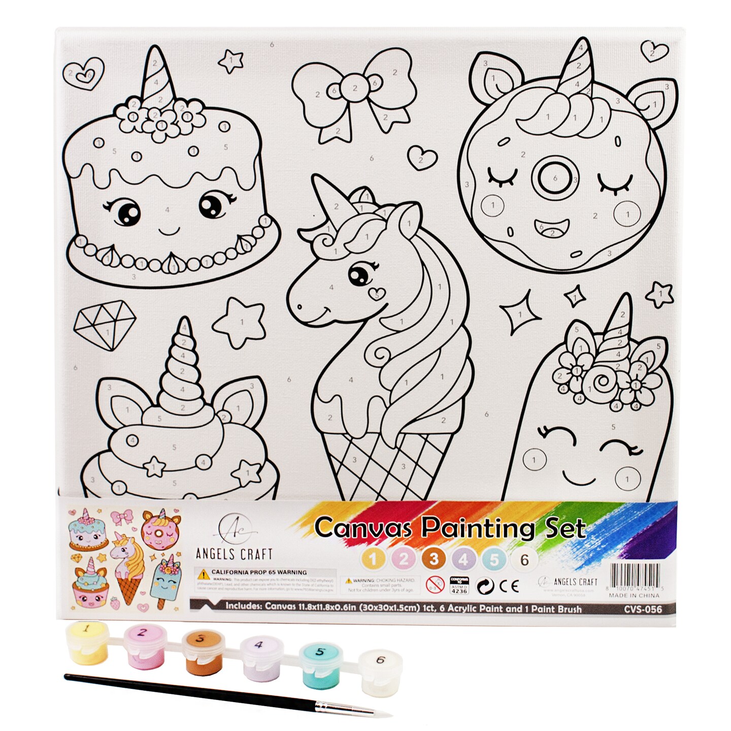 Angels Craft Paint by Number Canvas Set - Kawaii Treats | Includes: 1 Pre-printed Canvas, 6 Acrylic Paint pots, 1 Artist Brush
