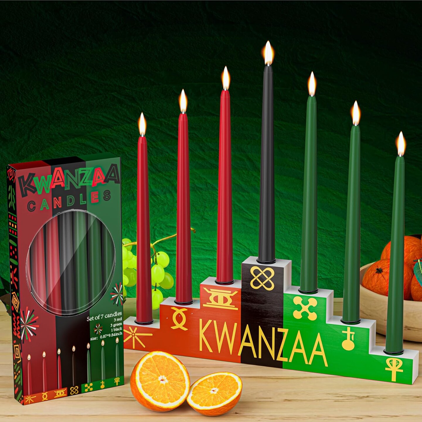 Kwanzaa Kinara Set Kwanzaa Candle Holder with Dripless Taper Candles Set 3 Red 3 Green 1 Black Double Sided Wooden Kwanzaa Celebration Decorations Kwanzaa Candle Holders for Table -Trapezoid