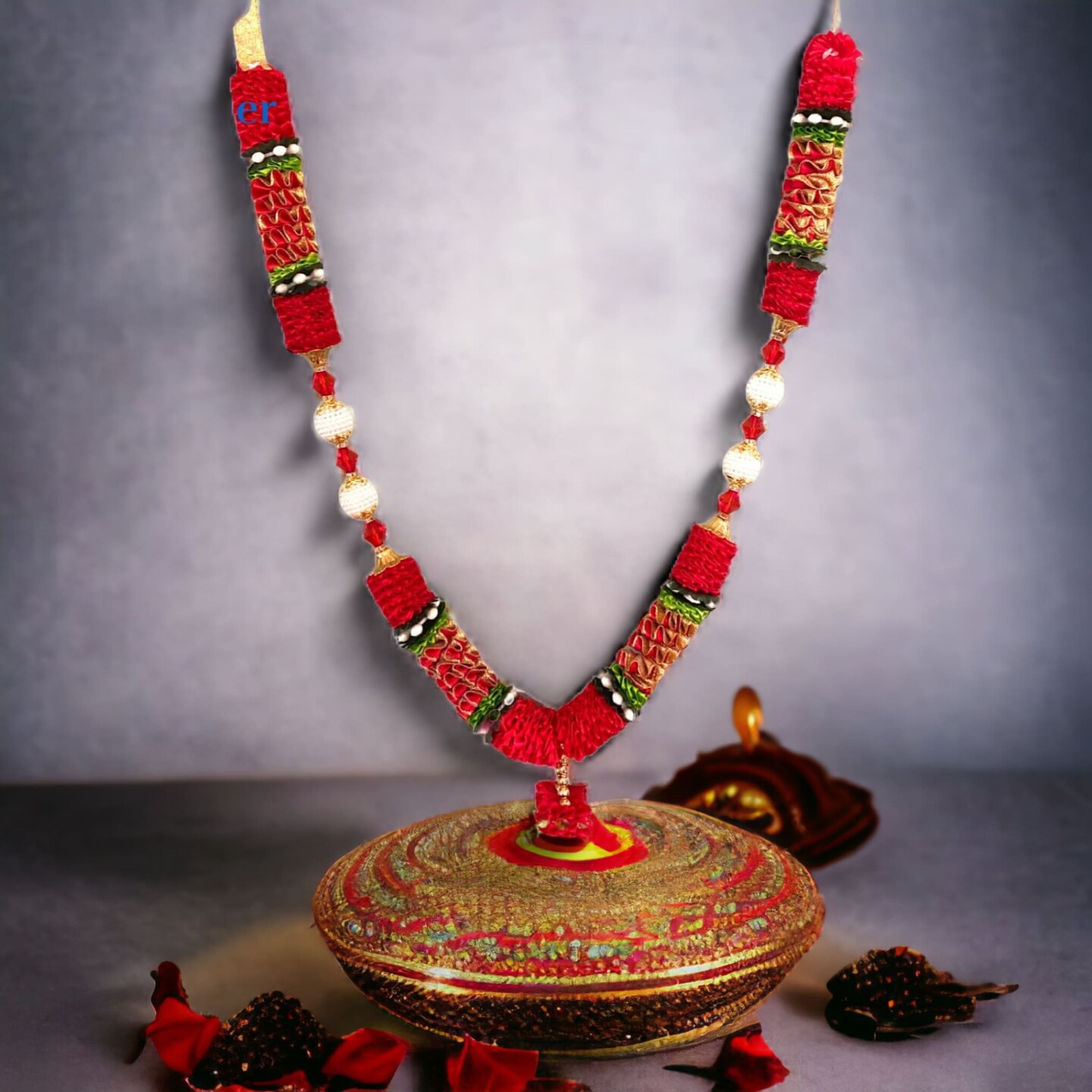 1 ct. Indian Garland Haar Mala 16 Inch God Goddess Haar Mala Idol Pooja Item Garland for Photo Frame Idol God Shringar Mala Reusable Satin Mala Temple Decor