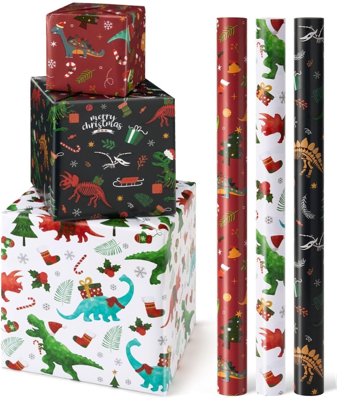 Christmas Kids Wrapping Paper - 3 Rolls 17" x 120" Kids Christmas Dinosaur Wrapping Paper Rolls Boys Christmas Wrapping Papers Christmas Birthday Gift Wrap Paper with Cutting Line