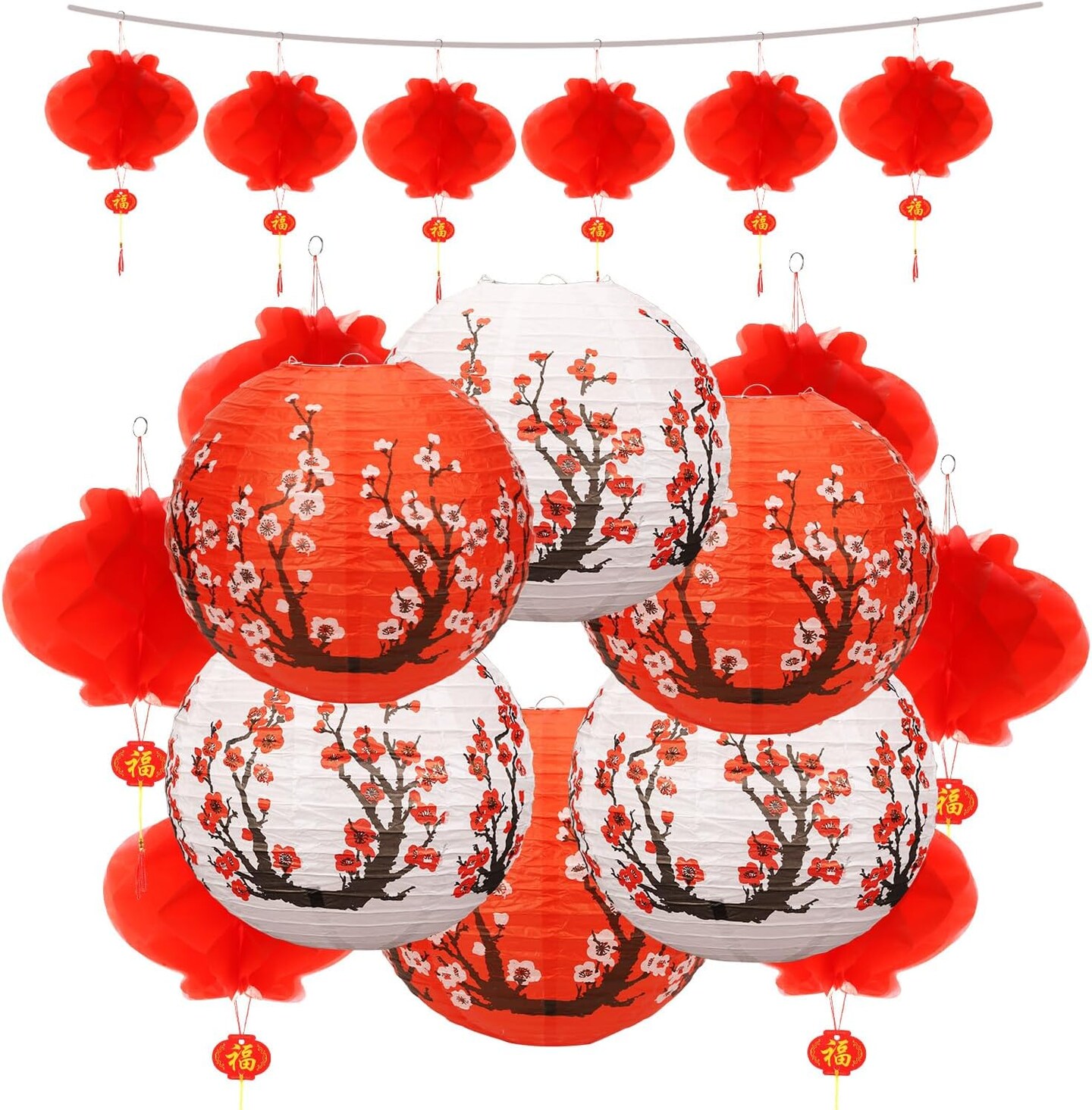 26pcs Chinese Lanterns, Elegant Plum Paper Lanterns Round Chinese Lanterns Spring Festival Lanterns Chinese New Year Lanterns for Spring Festival Decoration Outdoor (2 Types)