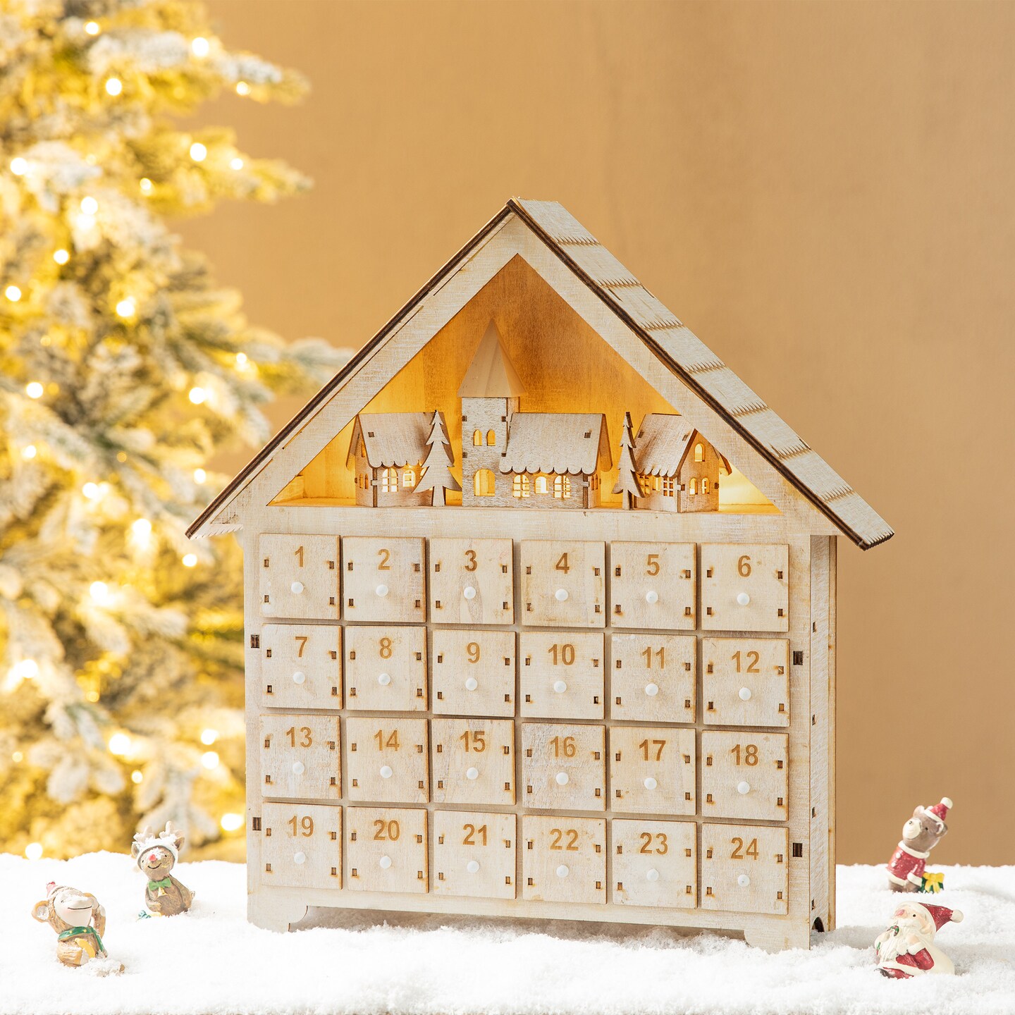 15.25&#x22;H Wooden LED Farmhouse Advent Calendar D&#xE9;cor