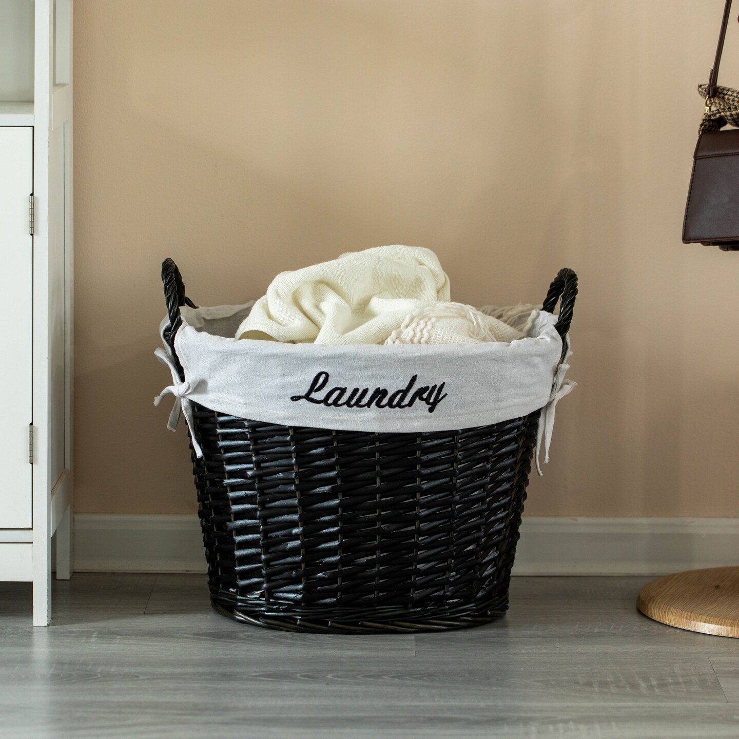 Wickerwise Handwoven Laundry Basket with Liner &#x26; Handles - Boho Decorative Storage Hamper for Clothes Blankets Pillows and Towels - Ideal for Laundry Room Bathroom Bedroom and Living Room