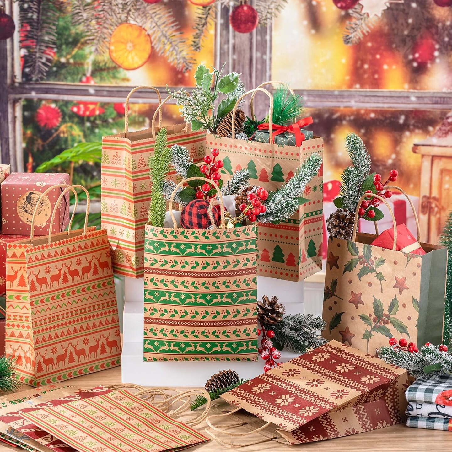 100 Pcs Christmas Gift Bags Paper Gift Bags with Handles Bulk Gift Bags Kraft Medium Gift Bags Gift Wrap Bags Christmas Goody Bags Holiday Treat Box and Presents for Xmas Party Favors (Fresh)