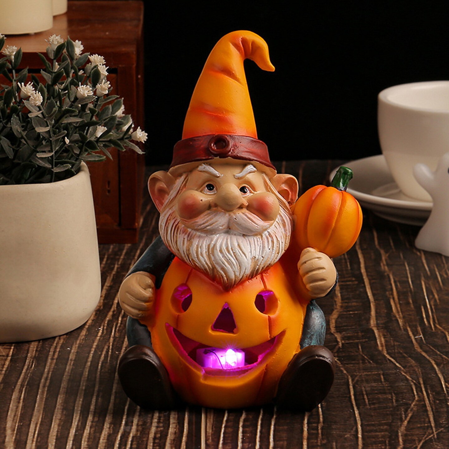Halloween Pumpkin Lantern Resin Gnome Holding Pumpkin Statue Luminous Yard Dwarf Figurine For Home Courtyard Decor