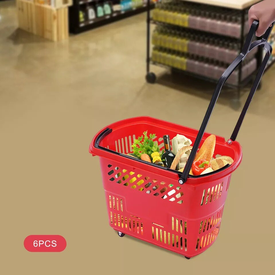 6Pcs Durable Red Rolling Shopping Basket with Wheels and Handle in Supermarkets