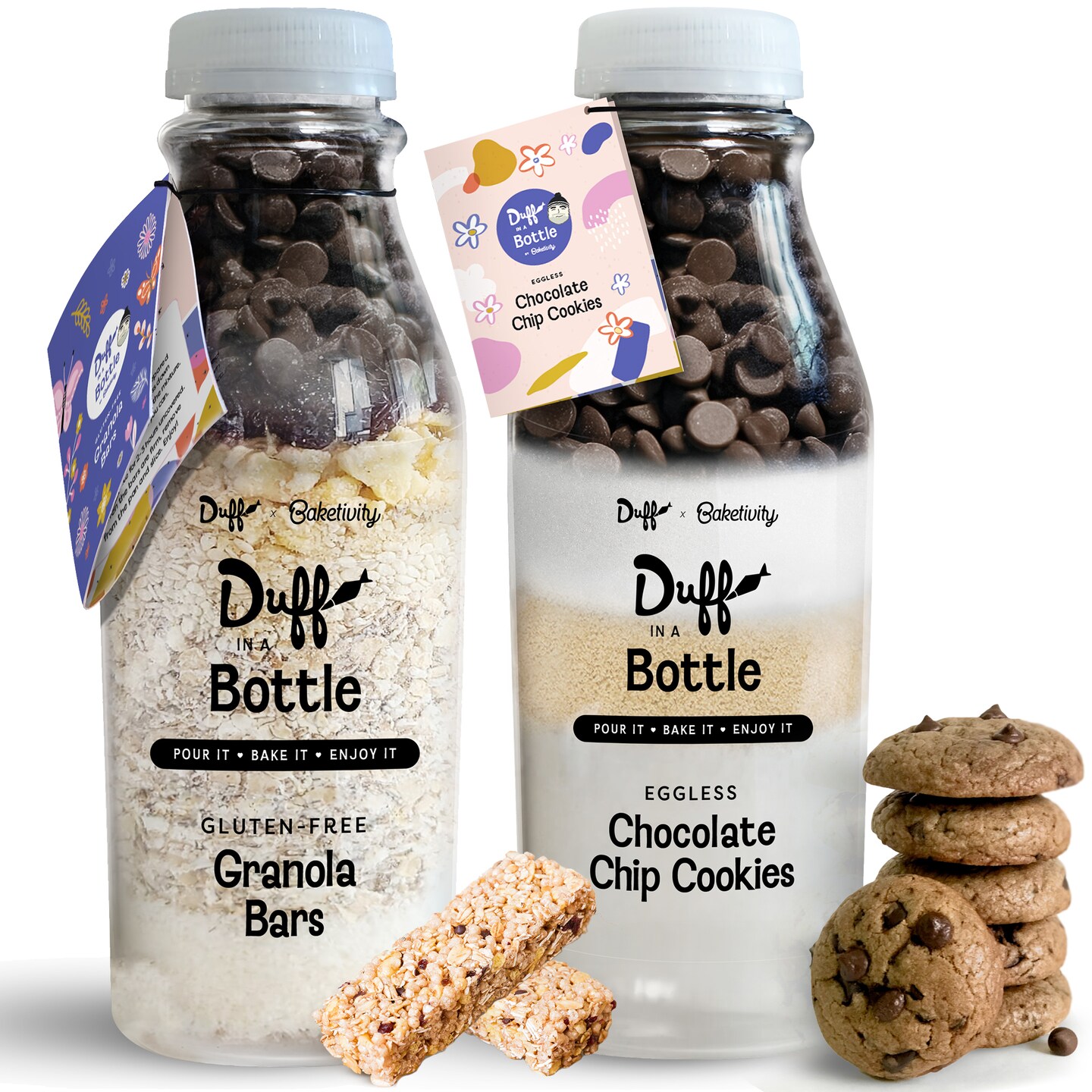 Baketivity Chocolate Chip Cookie Mix + Granola Bar Mix - Duff in a Bottle Baking Kit for Kids and Adults - Granola Mix and Cookie Mix for Baking with Premeasured Ingredients, Step-By-Step Instructions, Video Guide