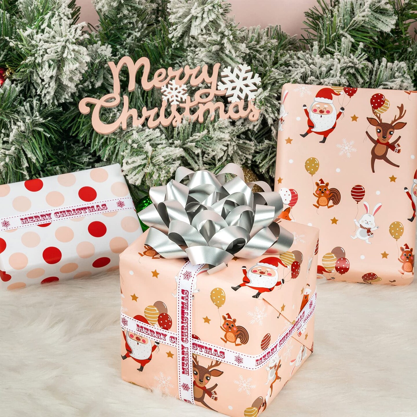 Reversible Christmas Wrapping Paper - Mini Roll - 17 Inch x 33 Feet - Red and Pink Dancing Santa Claus Reindeer and Colorful Polka Dots Design for Christmas, Holiday, Party