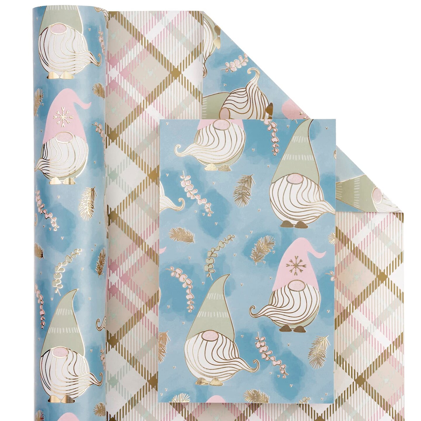 Reversible Christmas Wrapping Paper - Mini Roll - 17 Inch x 33 Feet - Blue Purple Gnome and Plaid Design with Metallic Foil Shine for Holiday, Party, Celebration