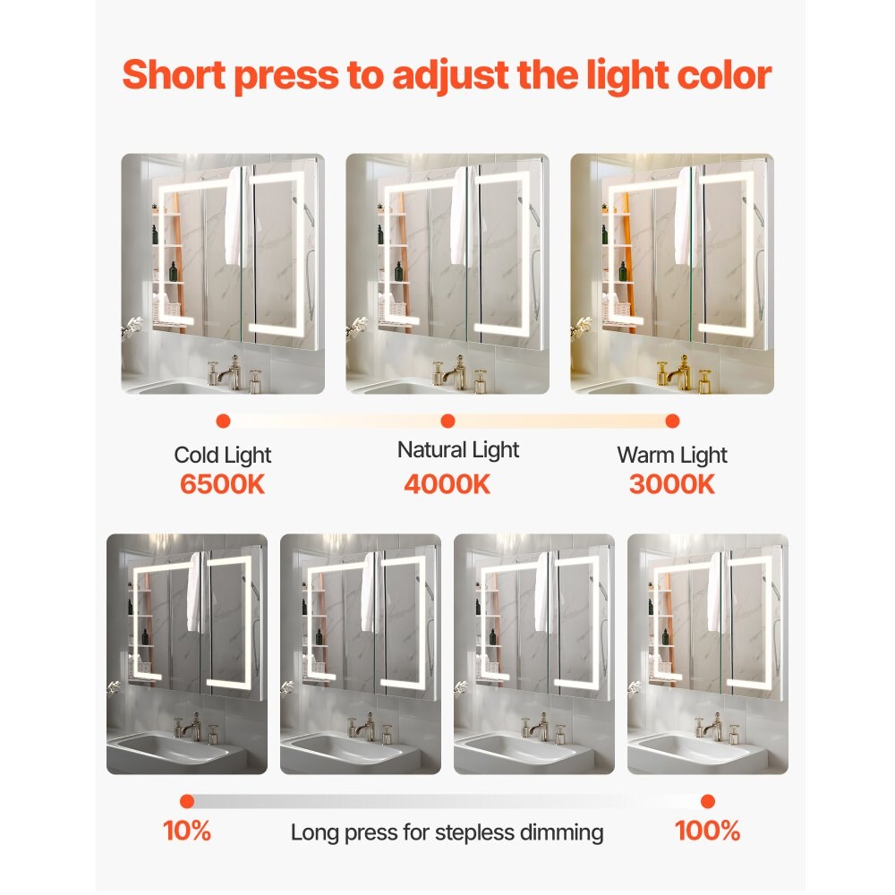 Clear LED Lighted Bathroom Mirror Cabinet with Anti-Fog, Dimmable and Shelves