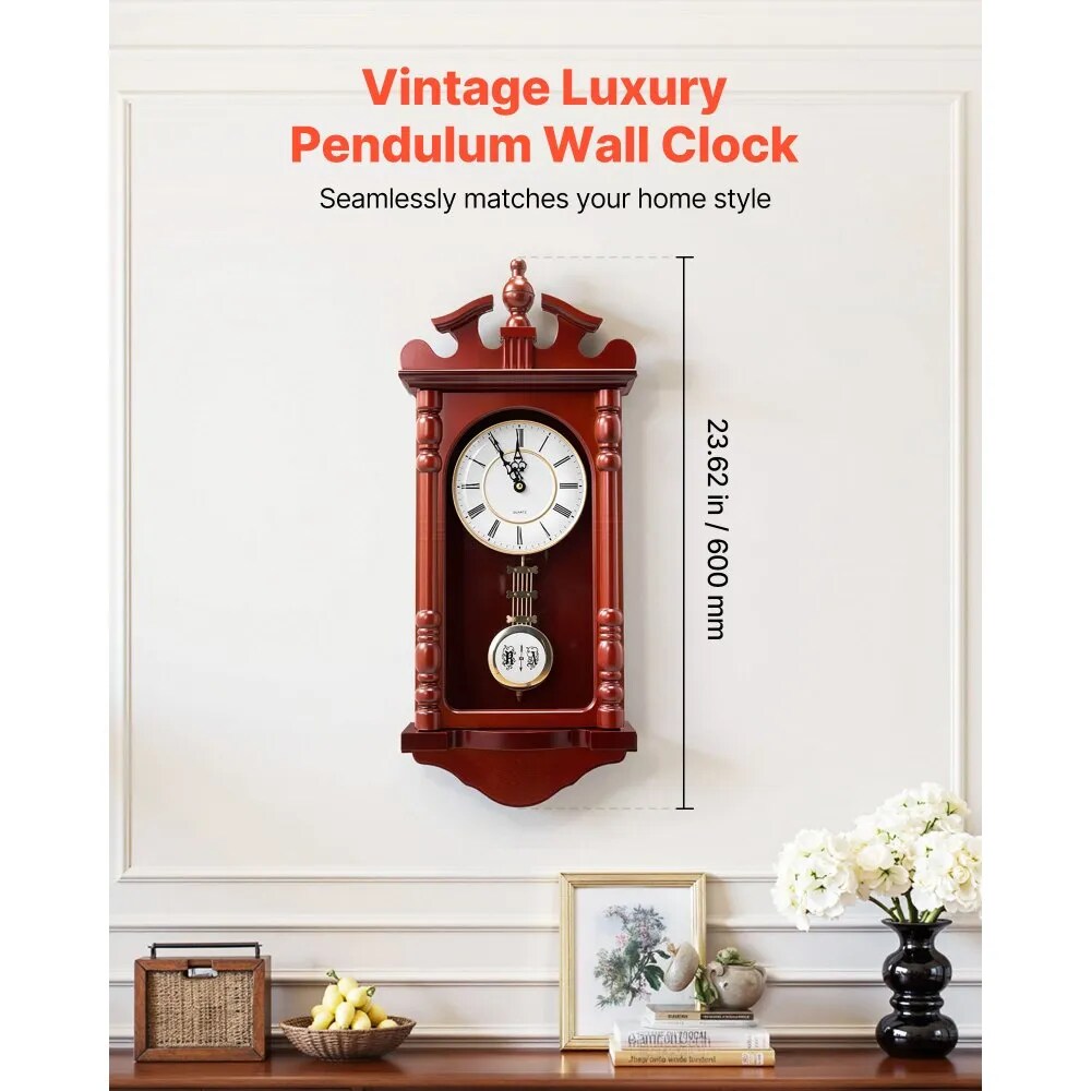 23.2 Inch Grandfather Clock Vintage Pendulum Quartz Wall Clock Pine Wood Cherry Finish