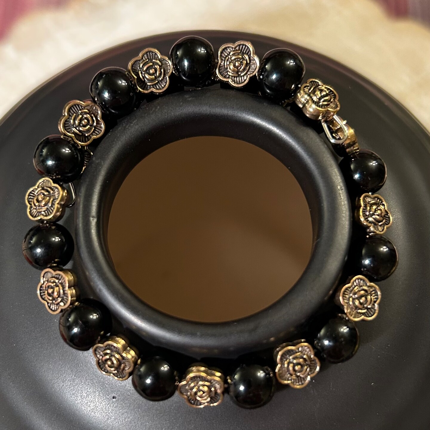 Antique Gold Roses and Black Agate Natural Stone Beaded Wrap